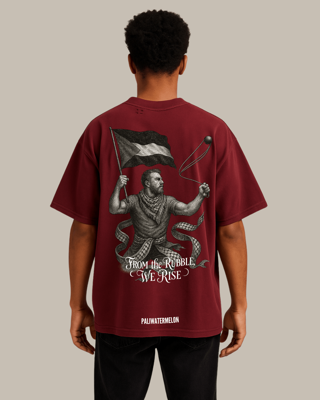 Burgundy T-shirt back showing artwork of Palestinian freedom fighter illustration.
