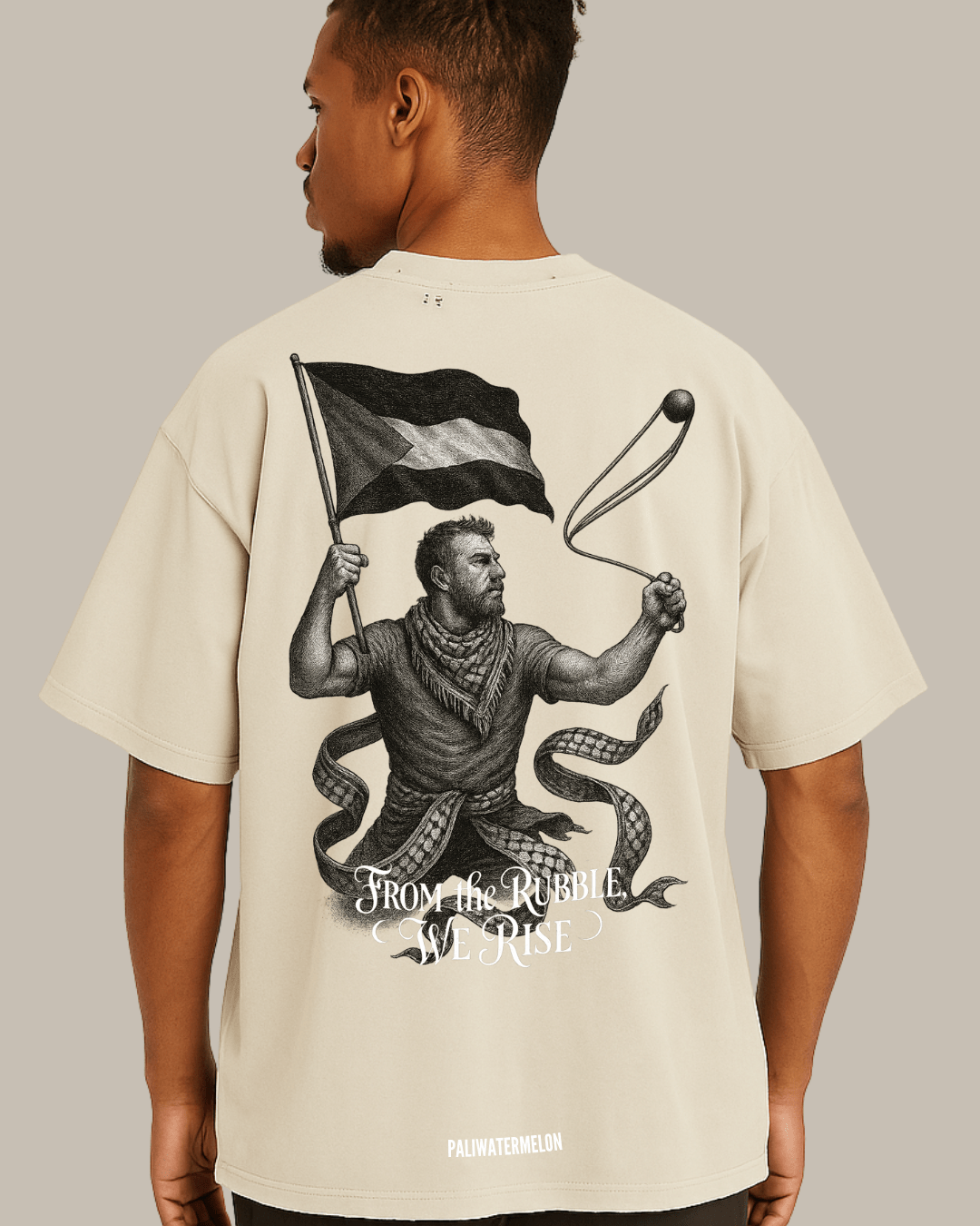 Back of Moon Mist tee showing detailed illustration of resistance fighter.