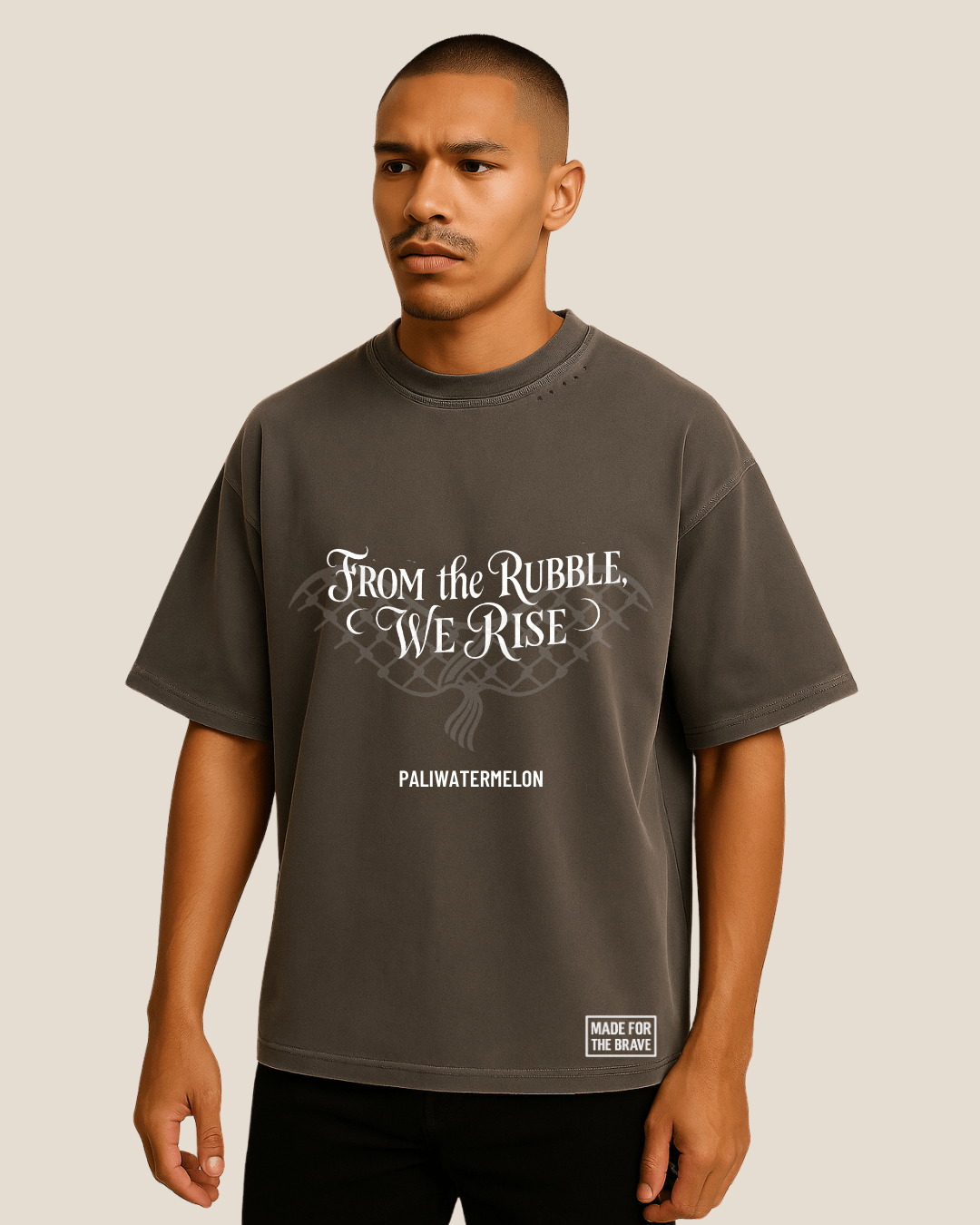 Model wearing Smoky Gray oversized tee with bold front message.
