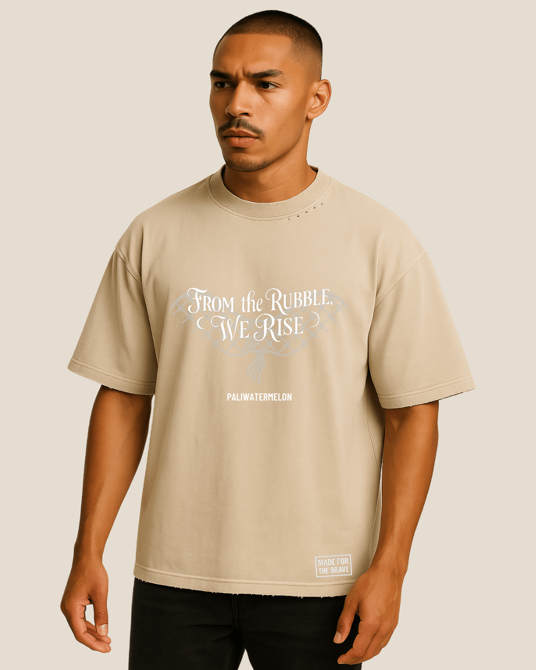 Model wearing Moon Mist-colored oversized T-shirt with cultural front print.