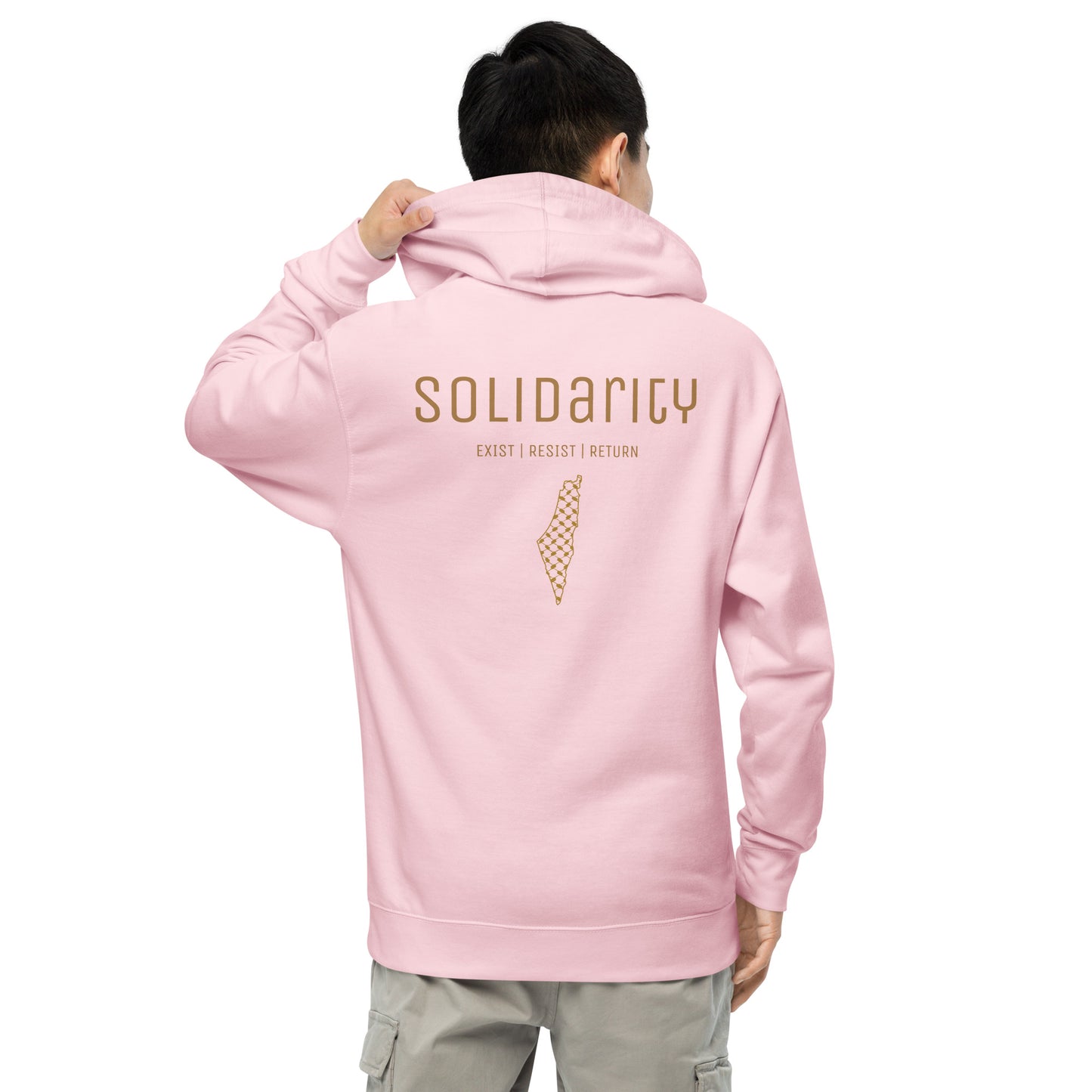 Unisex gold ‘Solidarity’ hoodie with embroided logo and backprint