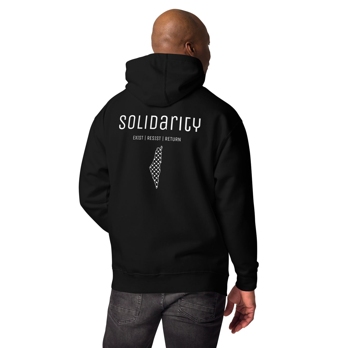 Unisex “Solidarity” Hoodie with embroidered logo and back print.