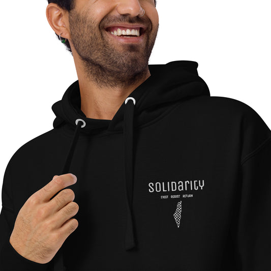 Unisex “Solidarity” Hoodie with embroidered logo and back print.