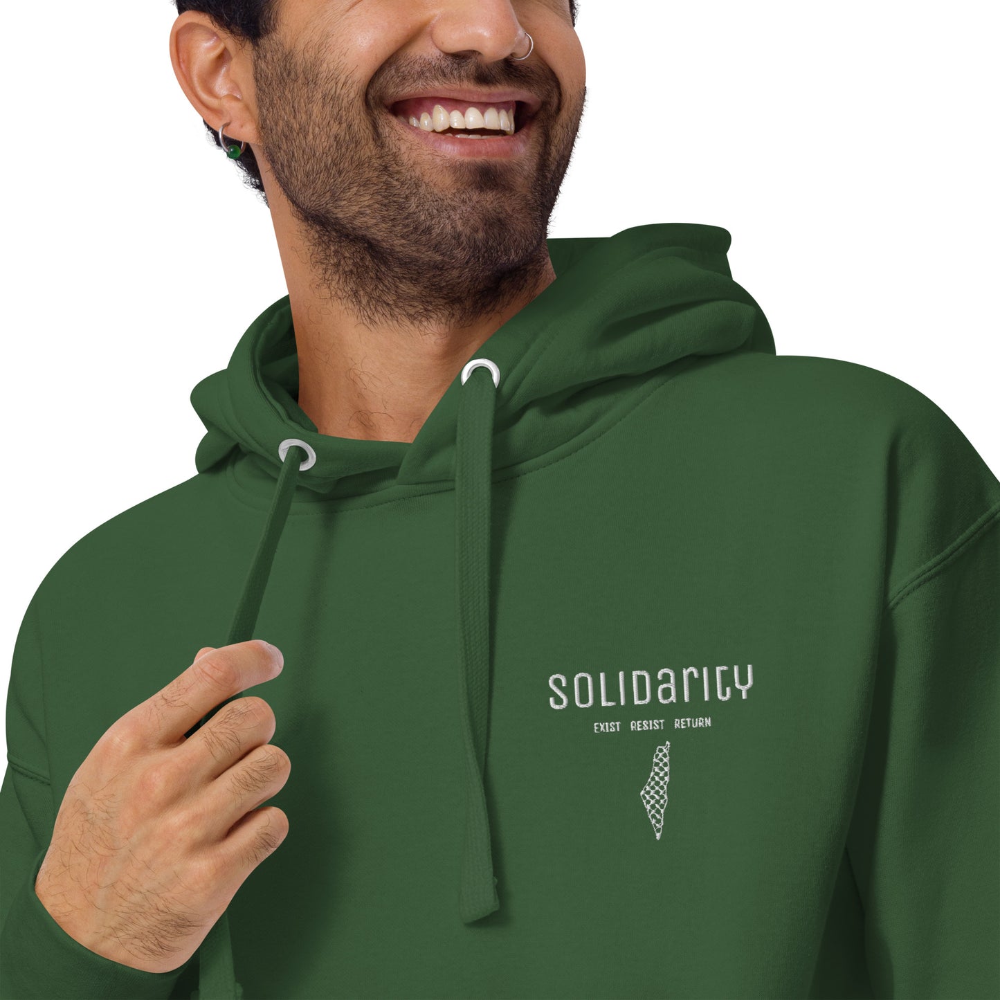 Unisex “Solidarity” Hoodie with embroidered logo and back print.