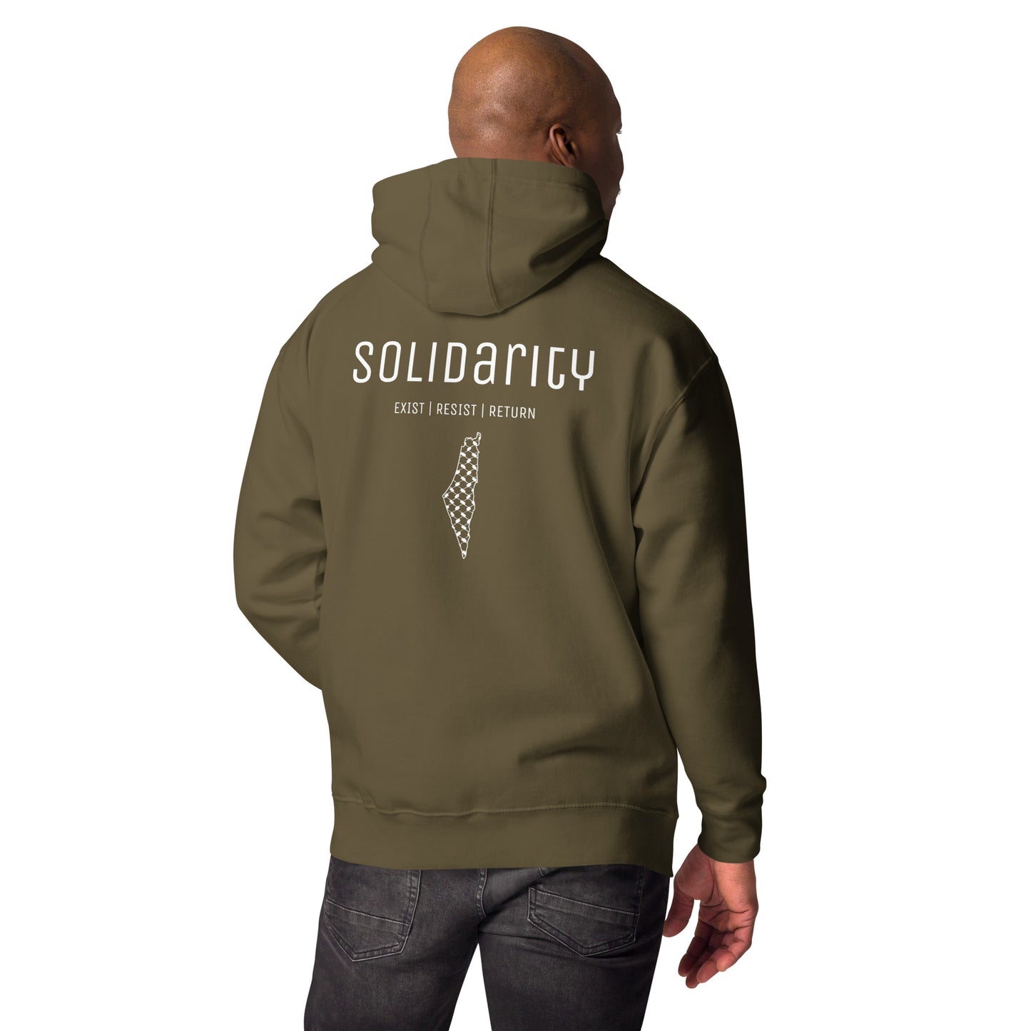 Unisex “Solidarity” Hoodie with embroidered logo and back print.