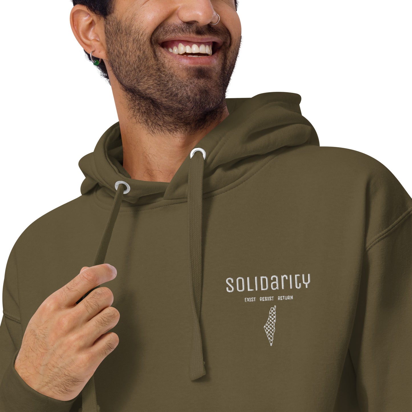 Unisex “Solidarity” Hoodie with embroidered logo and back print.