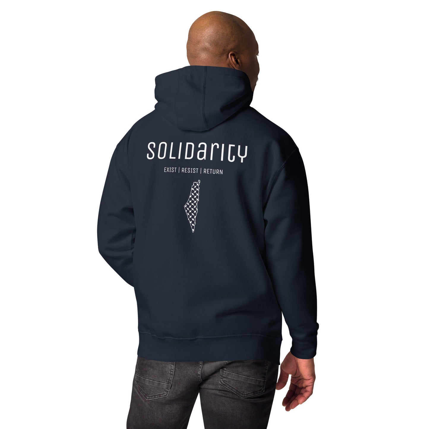 Unisex “Solidarity” Hoodie with embroidered logo and back print.