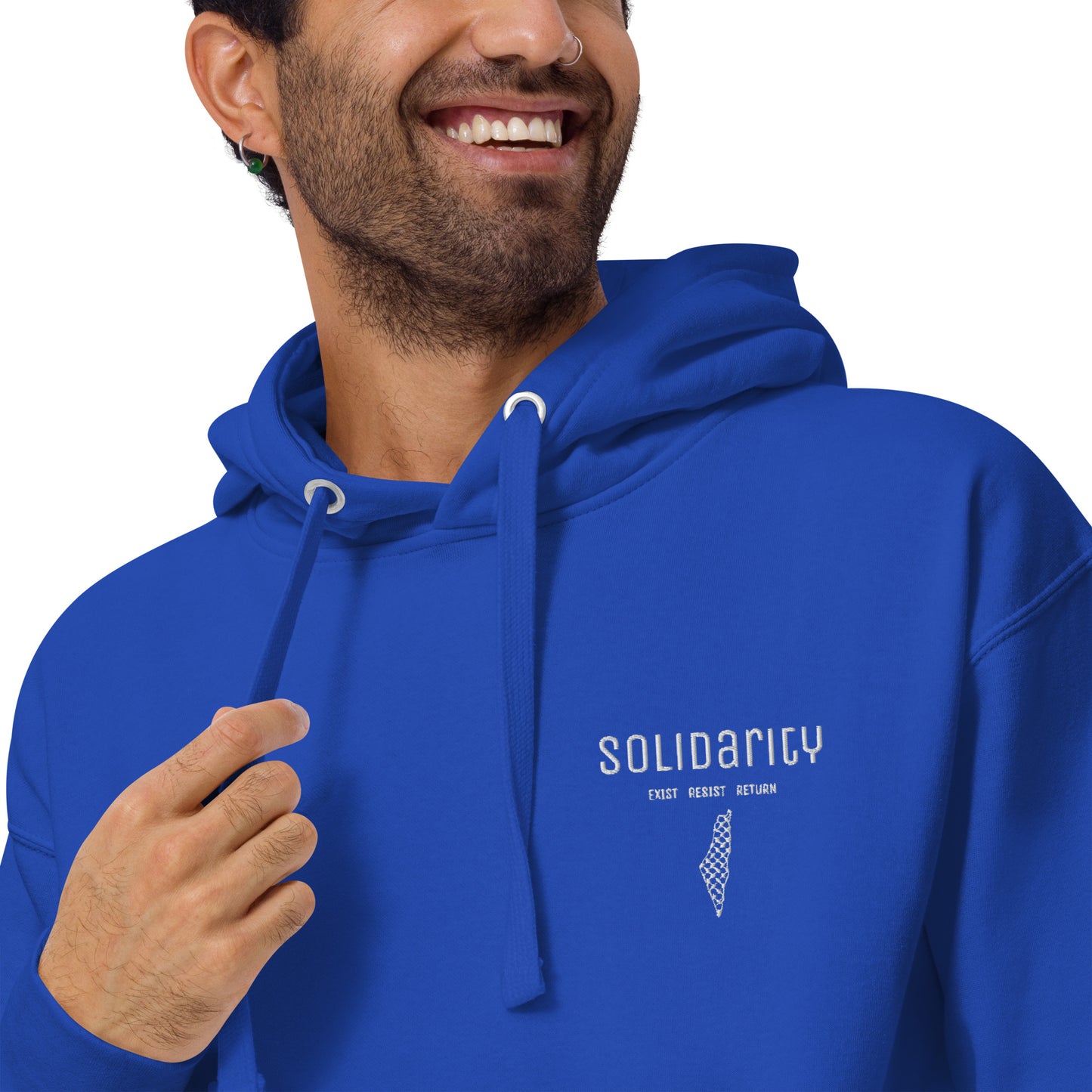 Unisex “Solidarity” Hoodie with embroidered logo and back print.